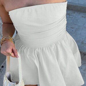 White Casual Women's Plain Ruched Back Tie Bandeau Mini Dress